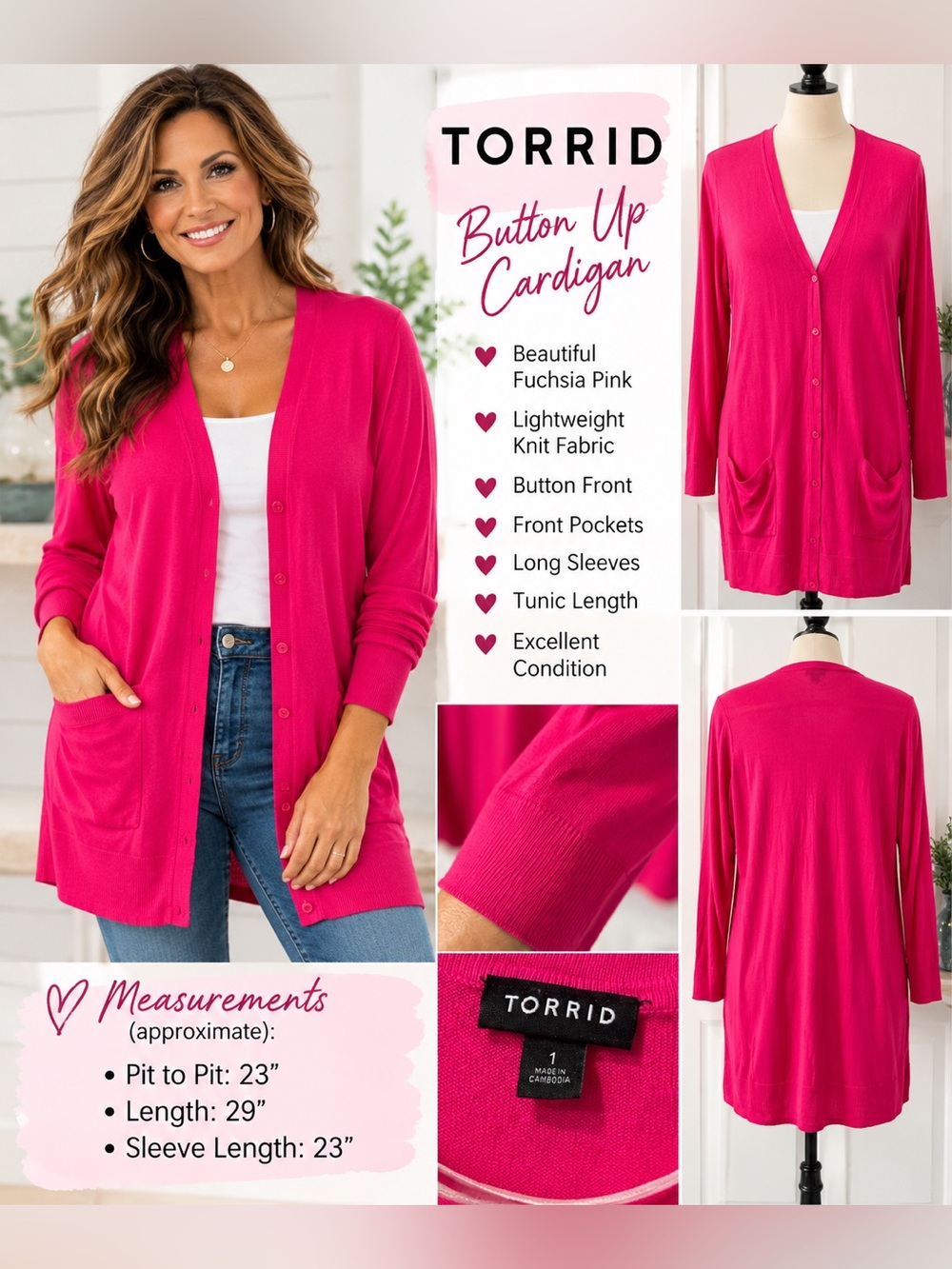 TORRID Fuchsia Pink Button-Front Cardigan/Size 1